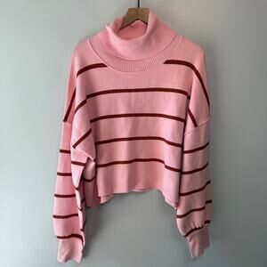 Free People Women's Paulie Striped Turtleneck Sweater Top Pink Size Medium